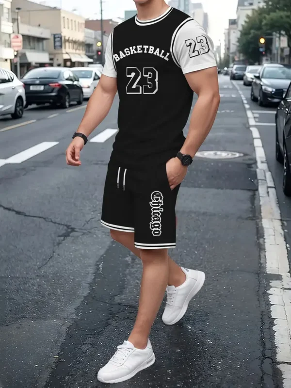 2pcs Men's 'BASKETBALL #23' Print Color Blocking Short Sleeve T-shirt + Shorts Co-ord Set, Casual Stylish Outdoor Sports Set As Gift